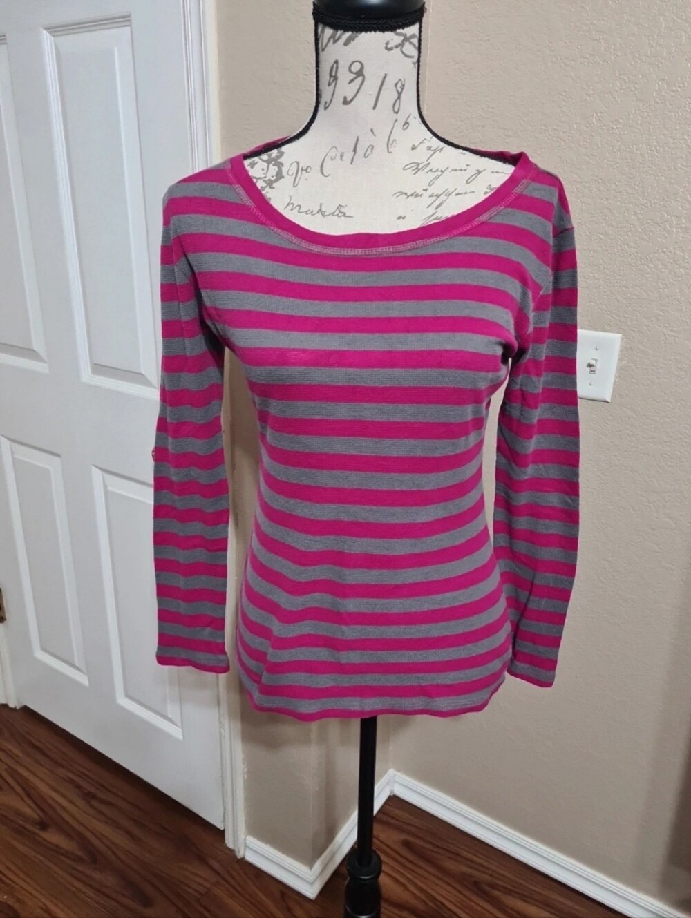 Striped Long-Sleeve Boatneck Top in Pink and Gray